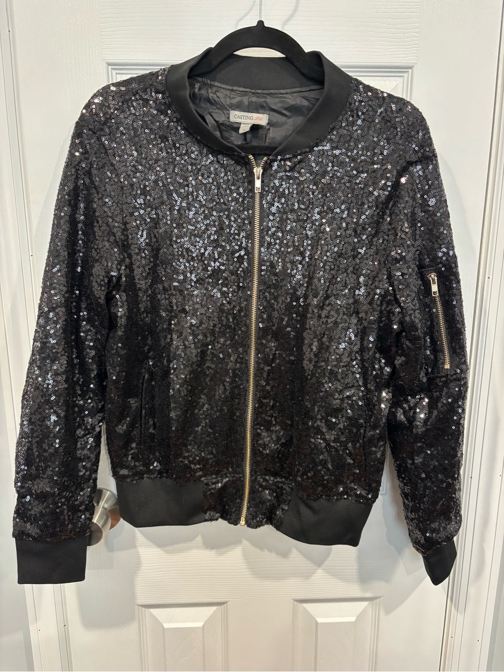 Catherine Malandrino Black Sequin Bomber Jacket with Zip
